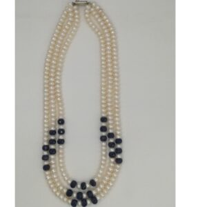 Freshwater White Flat Pearls 3 Layers Neckalce With Faceted Blue Sapphires Round Beeds JPM0202