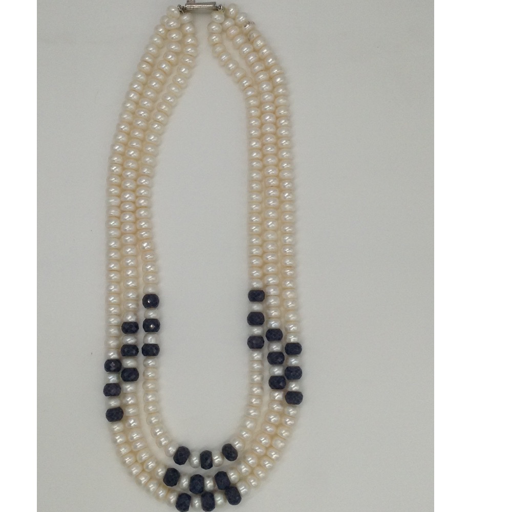 Freshwater White Flat Pearls 3 Layers Neckalce With Faceted Blue Sapphires Round Beeds JPM0202