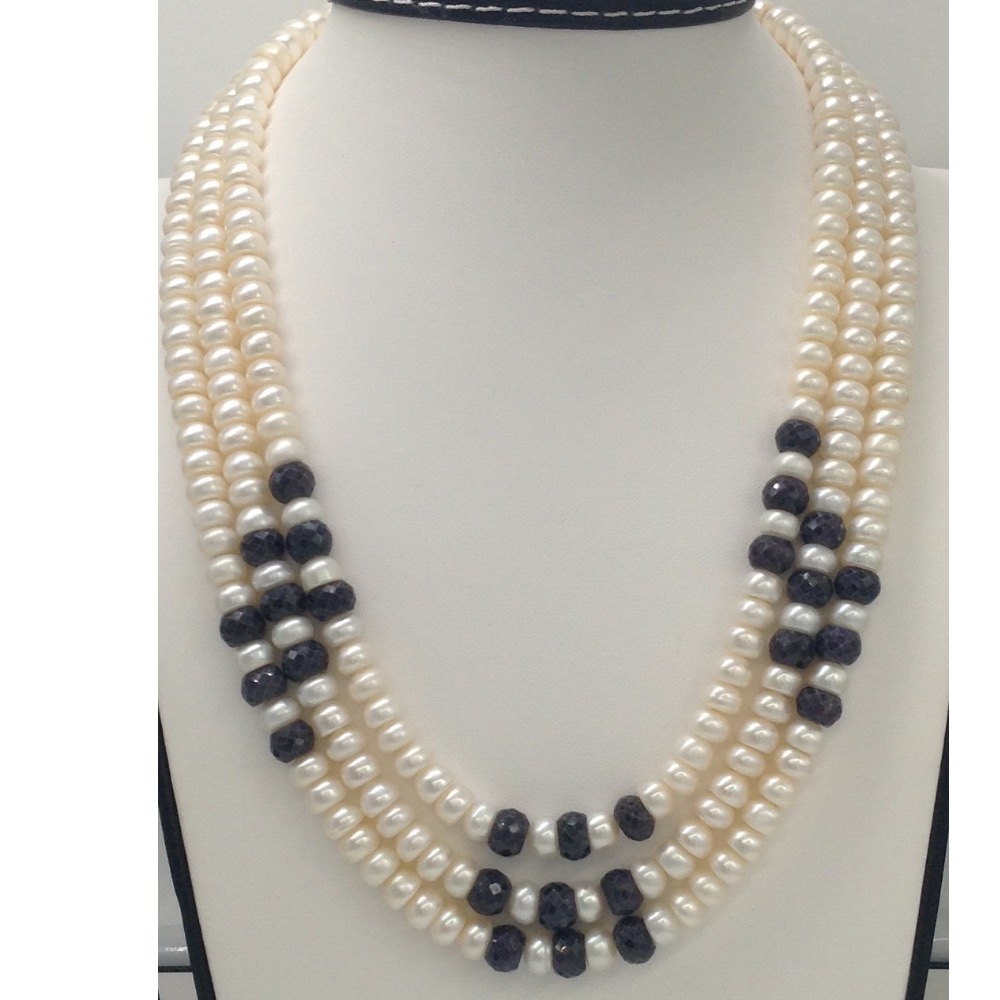 Freshwater White Flat Pearls 3 Layers Neckalce With Faceted Blue Sapphires Round Beeds JPM0202