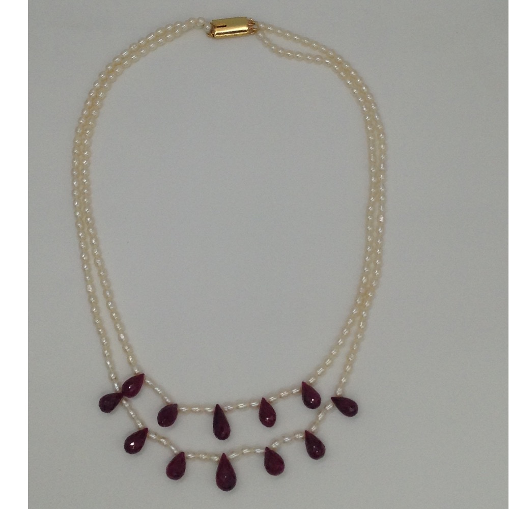 Freshwater White Rice Pearls 2 Layers Necklace With Faceted Red Ruby Drops JPM0203