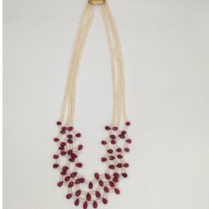 Freshwater White Flat Pearls 3 Layers Necklace Set With Faceted Ruby Drops JPP1006