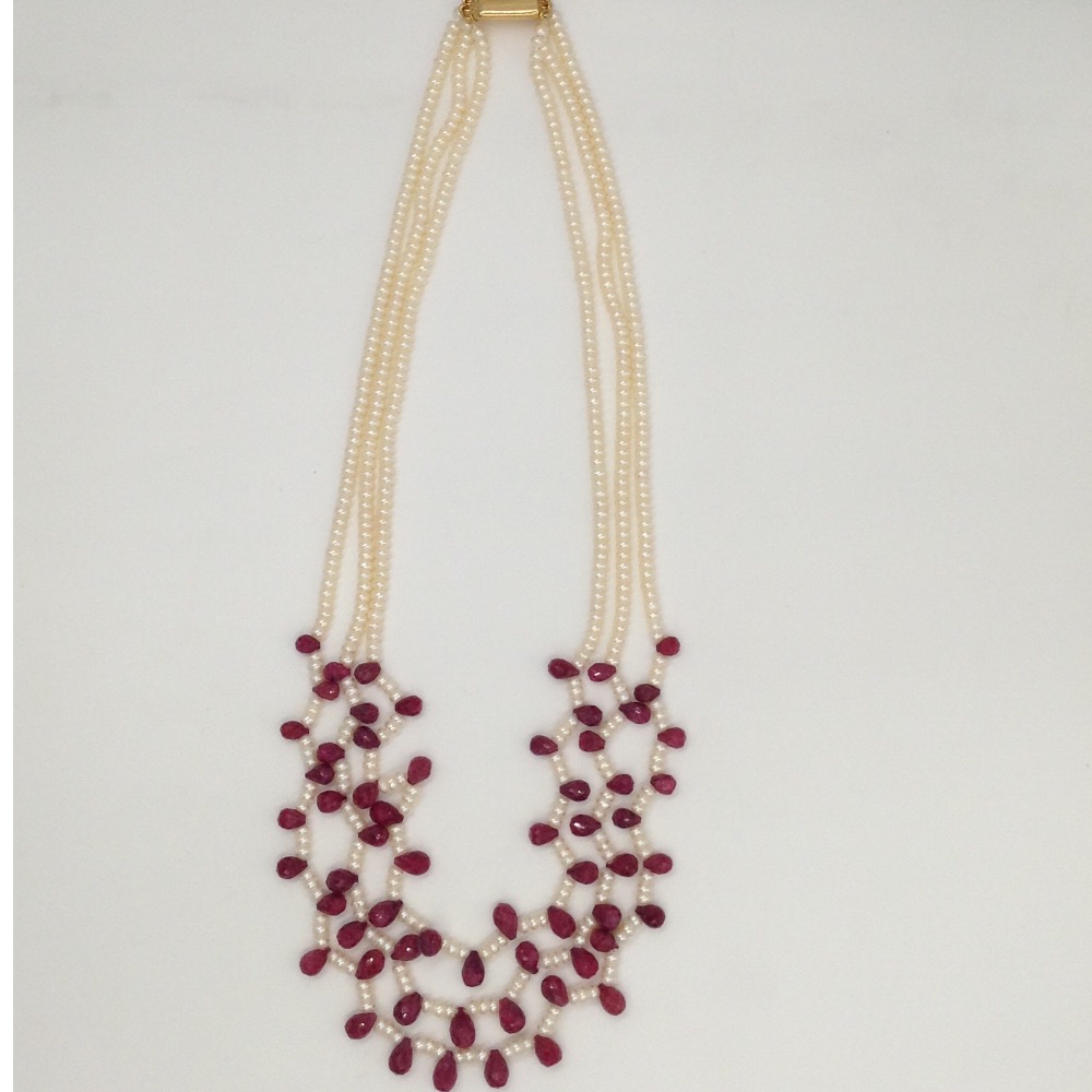 Freshwater White Flat Pearls 3 Layers Necklace Set With Faceted Ruby Drops JPP1006