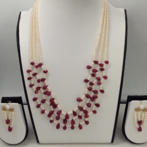 Freshwater White Flat Pearls 3 Layers Necklace Set With Faceted Ruby Drops JPP1006