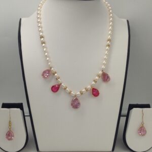 Freshwater White Oval Pearls Neckalce Set With 5 Pink Cubic Zircon Pendents and CZ Chakri JPP1008