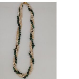 Freshwater Cream Seed Pearls 5 Layers Twisted Neckalce With Green Emeralds Chip Beeds JPM0201
