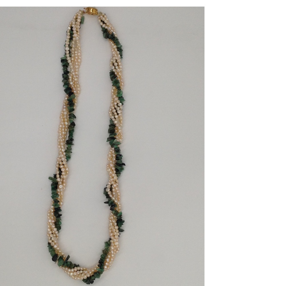 Freshwater Cream Seed Pearls 5 Layers Twisted Neckalce With Green Emeralds Chip Beeds JPM0201