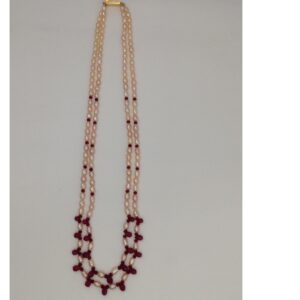 Freshwater Orange Oval Pearls 2 Layers Necklace Set With Faceted Ruby Drops and Round Beeds. JPP1005