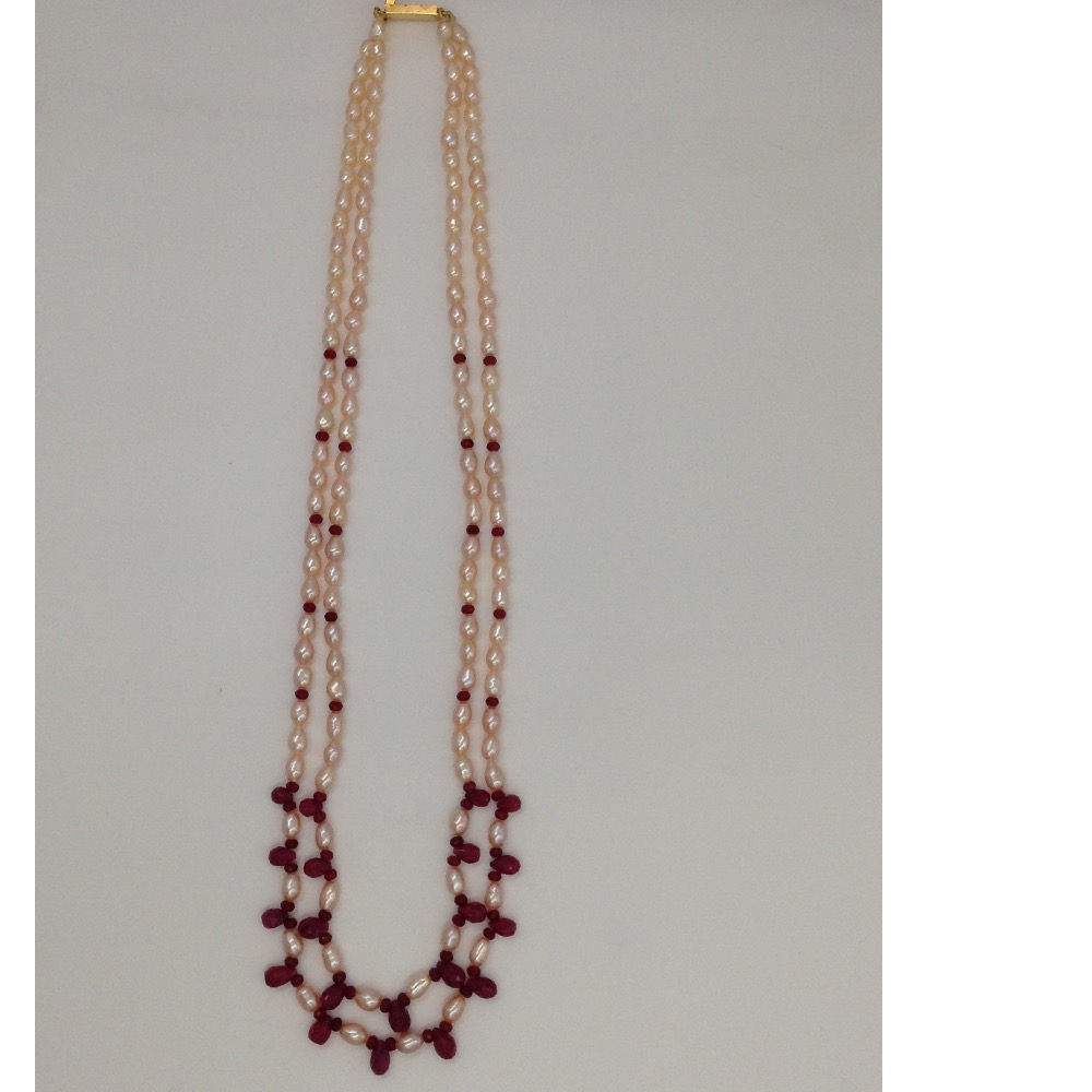Freshwater Orange Oval Pearls 2 Layers Necklace Set With Faceted Ruby Drops and Round Beeds. JPP1005