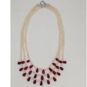 Freshwater White Flat Pearls 3 Layers Necklace With Faceted Red Ruby Drops JPM0200