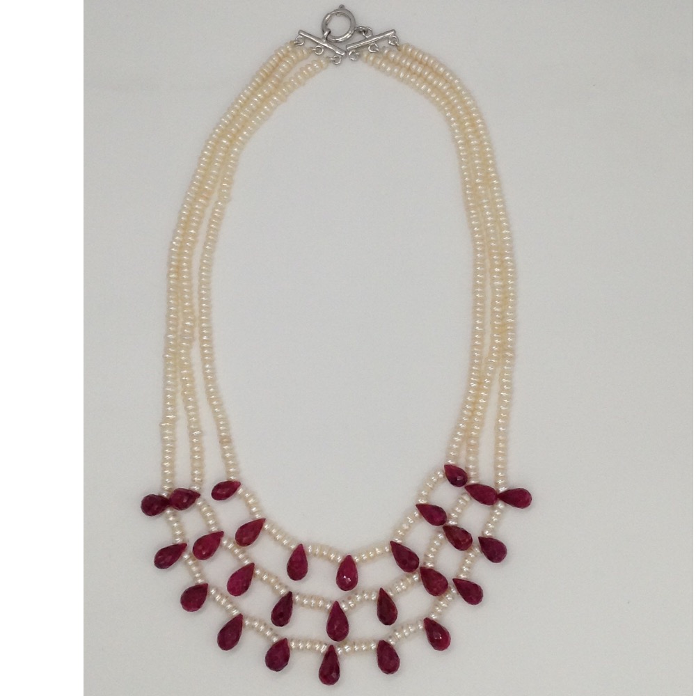Freshwater White Flat Pearls 3 Layers Necklace With Faceted Red Ruby Drops JPM0200
