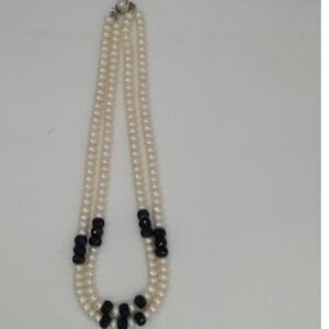 Freshwater White Flat Pearls 2 Layers Necklace With Faceted Blue Sapphires Beeds JPM0198