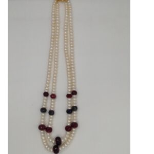 Freshwater White Flat Pearls 2 Layers Necklace With Faceted Red Ruby and Blue Sapphires Beeds JPM0197