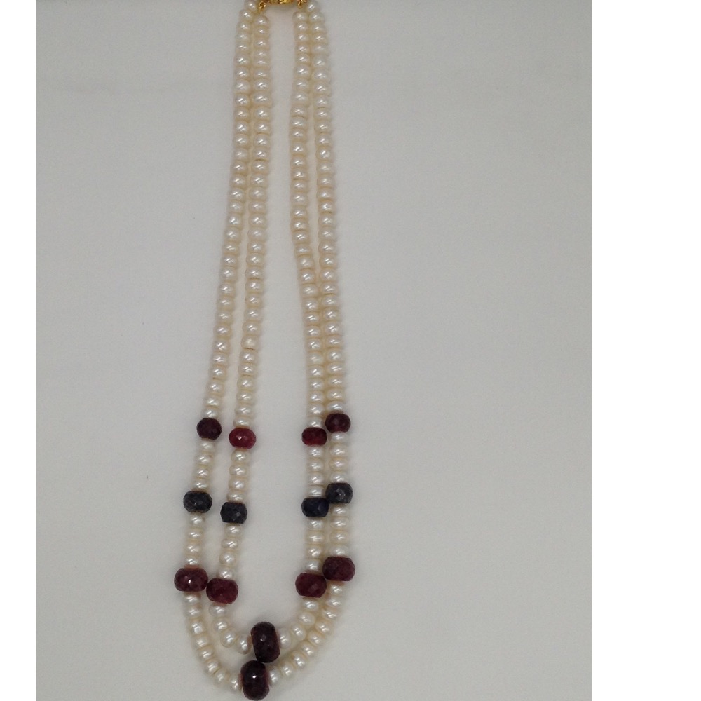Freshwater White Flat Pearls 2 Layers Necklace With Faceted Red Ruby and Blue Sapphires Beeds JPM0197