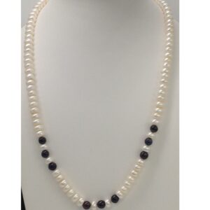 Freshwater White Flat Pearls Mala With Blue Sapphires Round Beeds JPM0194