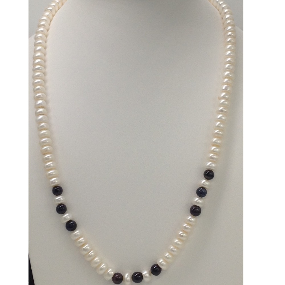 Freshwater White Flat Pearls Mala With Blue Sapphires Round Beeds JPM0194