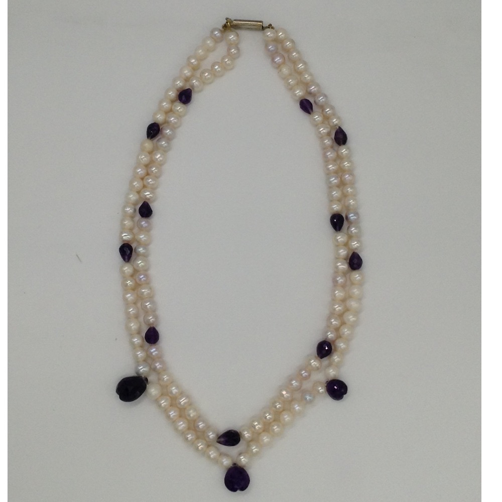 Freshwater White Potato Pearls 2 Layers Necklace With Faceted Amethyst Drops JPM0192 - Image 2