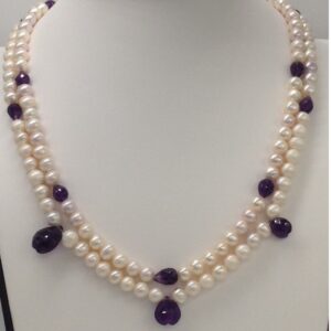 Freshwater White Potato Pearls 2 Layers Necklace With Faceted Amethyst Drops JPM0192