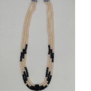 Freshwater White Flat Pearls 3 Layers Necklace With Faceted Blue Sapphires Round Beeds JPM0191
