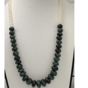 Freshwater White Flat Pearls With Green Emeralds Round Beeds Mala JPM0189