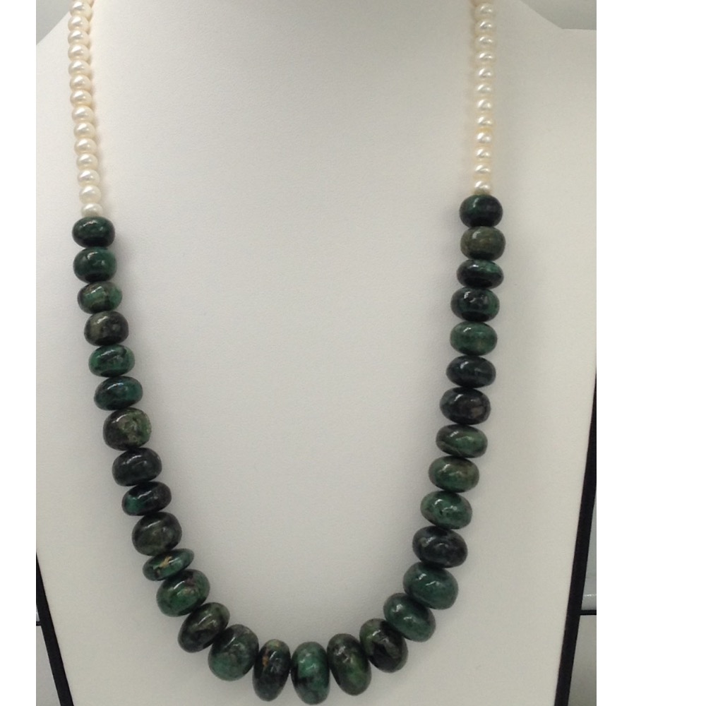 Freshwater White Flat Pearls With Green Emeralds Round Beeds Mala JPM0189