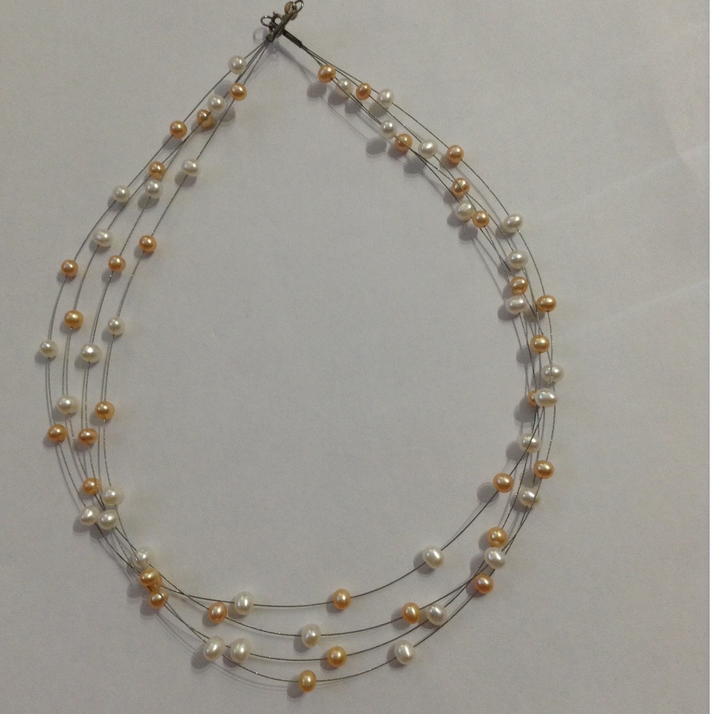 Freshwater White and Orange Potato Pearls 4 Layers Wire Necklace - Image 2