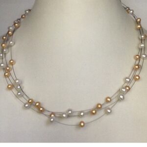 Freshwater White and Orange Potato Pearls 4 Layers Wire Necklace