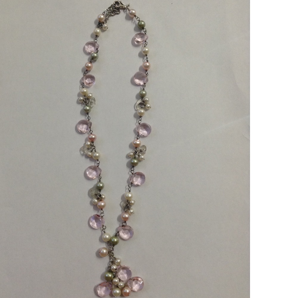 Freshwater Multicolour Potato Pearls Silver Wire Mala with Faceted Amethyst Drops - Image 2