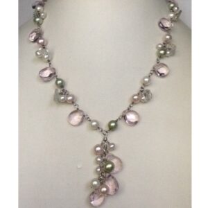 Freshwater Multicolour Potato Pearls Silver Wire Mala with  Faceted Amethyst Drops