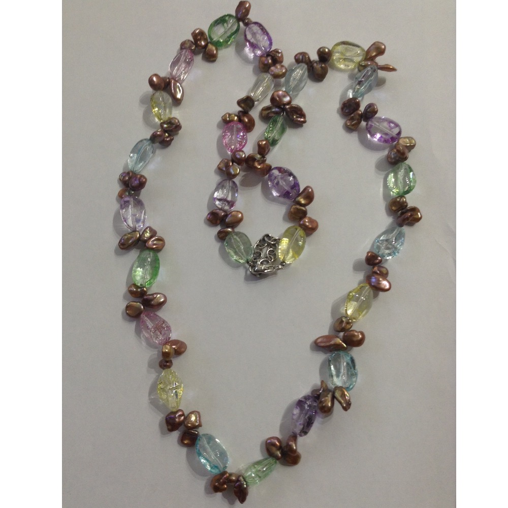 Brown Baroque Pearls Long Mala With Zircon Oval Beeds JPM0162