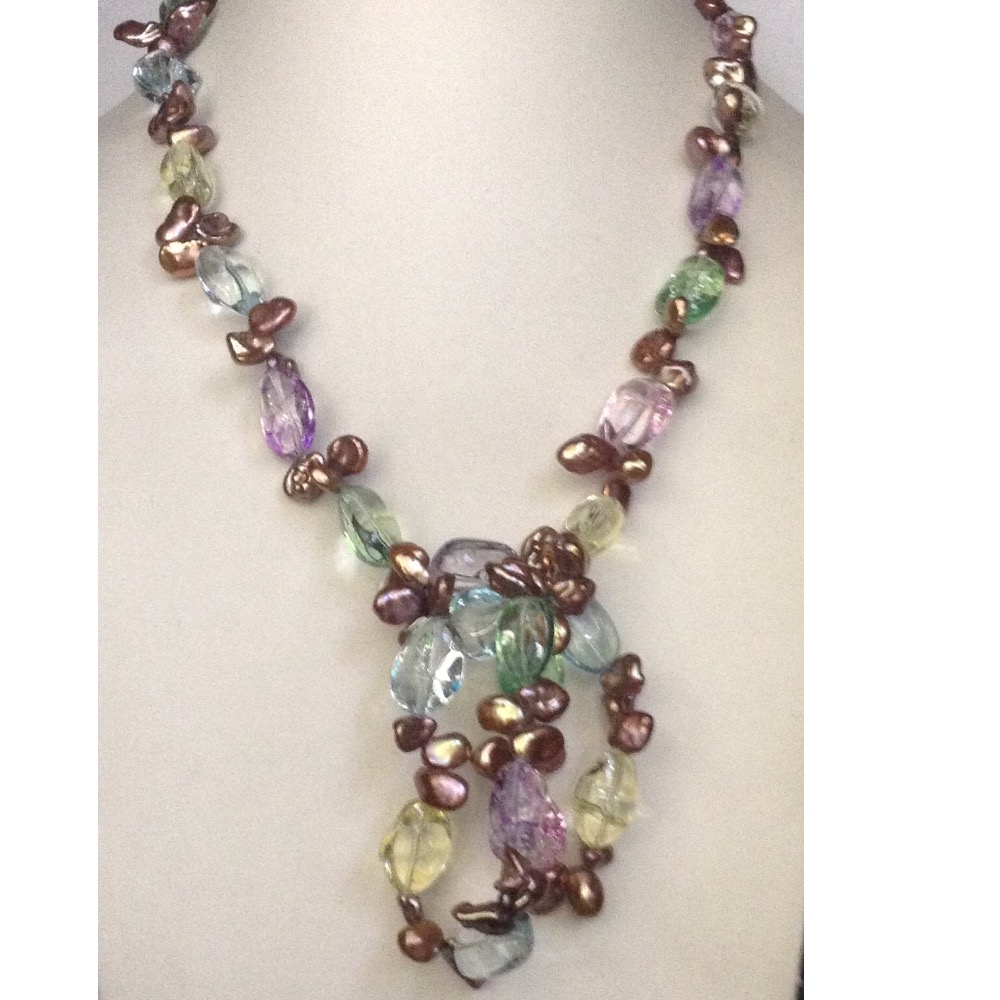 Brown Baroque Pearls Long Mala With Zircon Oval Beeds JPM0162