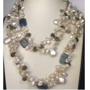 cream baroque long necklace with blue faceted beeds JPM0172