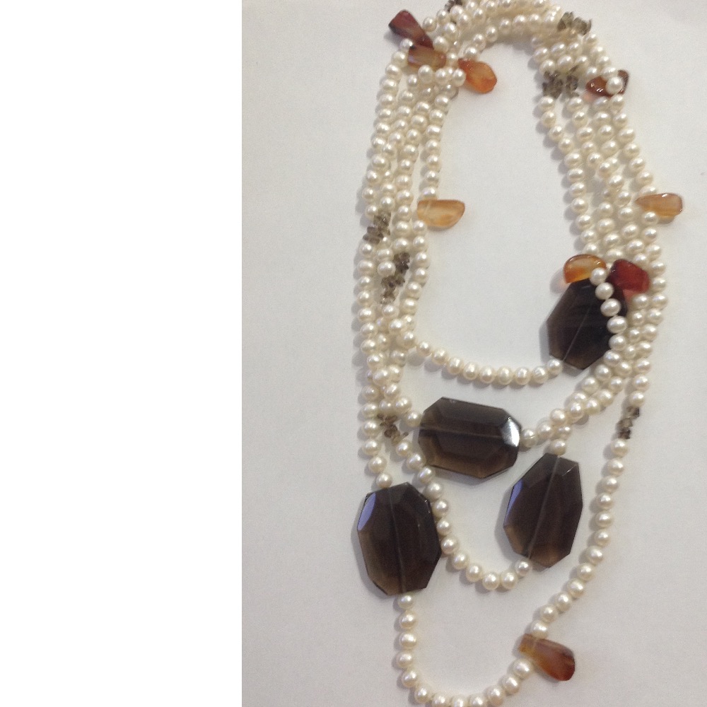 White Potato Pearls Long Mala With Smoky Topaz Beeds JPM0176
