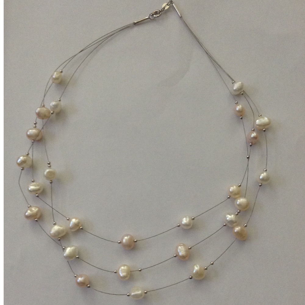white pink potato pearls 3 layers wire necklace JPM0185 - Image 2