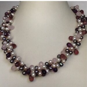 Freshwater White and Pink Oval Drops 3 Layers Twisted Necklace With Amethyst and Pink Quartz Faceted Drops JPM0160