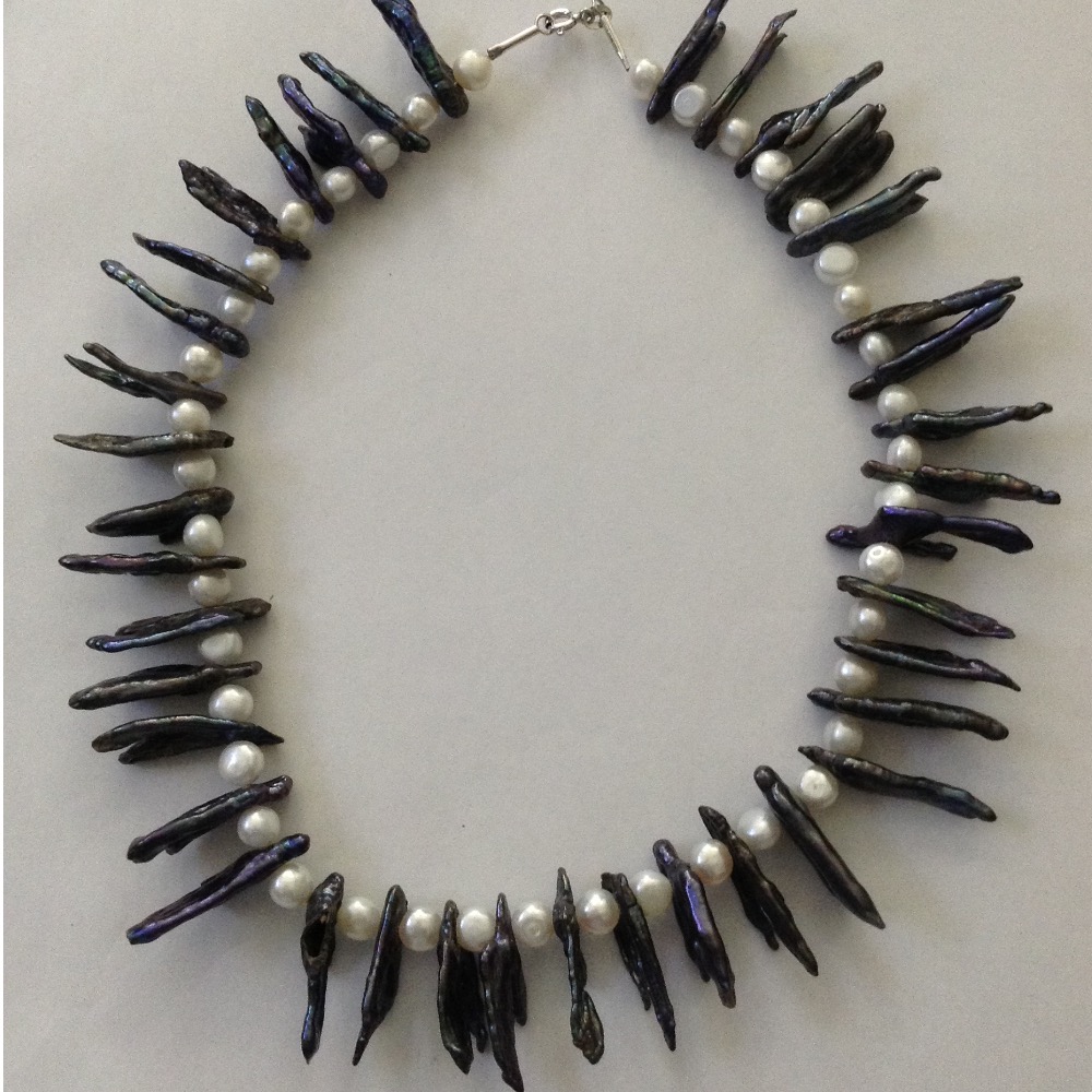 Freshwater White Potato and Black kaadi Baroque Pearls Mala