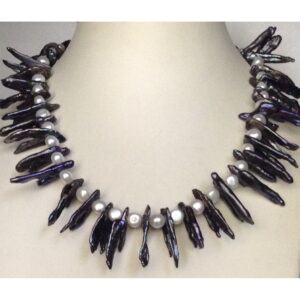 Freshwater White Potato and Black kaadi Baroque Pearls Mala