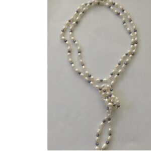 White and Grey Oval Pearls Long Mala With White Beeds JPM0173