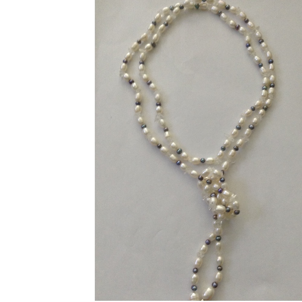 White and Grey Oval Pearls Long Mala With White Beeds JPM0173