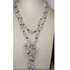 White and Grey Oval Pearls Long Mala With White Beeds JPM0173