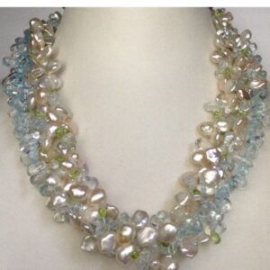 Freshwater Cream Chips Baroque Pearls 4 Layers Twisted Necklace With Aquamarine Drops JPM0149