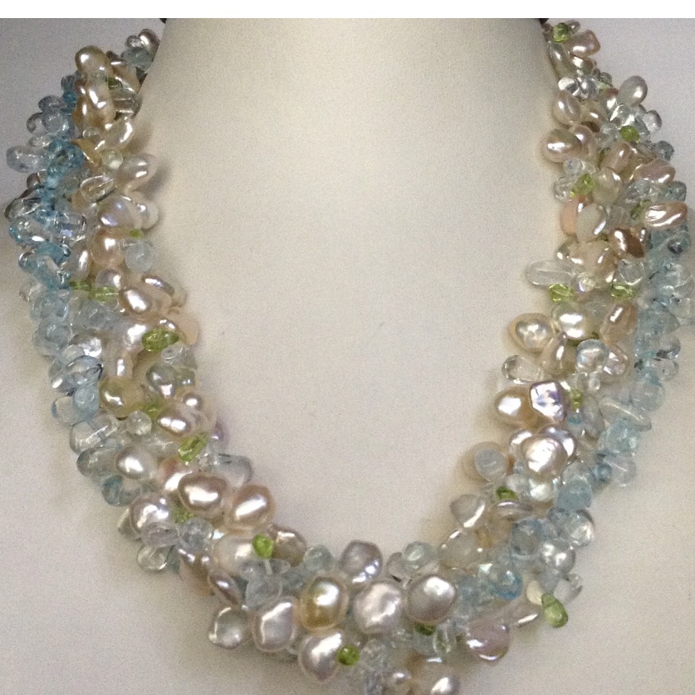 Freshwater Cream Chips Baroque Pearls 4 Layers Twisted Necklace With Aquamarine Drops JPM0149