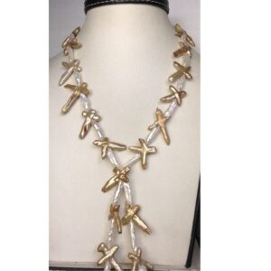 Freshwater white and brown cross baroque pearls mala JPM0155