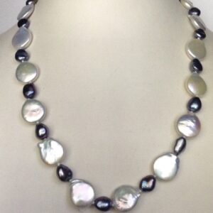 Freshwater white and grey pan baroque pearls mala JPM0169