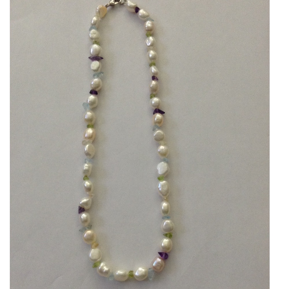 Freshwater White Oval Baroque Pearls Mala with SemiPrecious Stones JPM0145