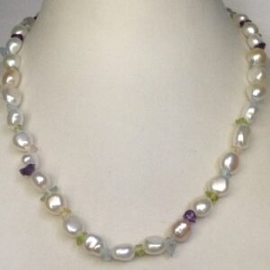 Freshwater White Oval Baroque Pearls Mala with SemiPrecious Stones JPM0145