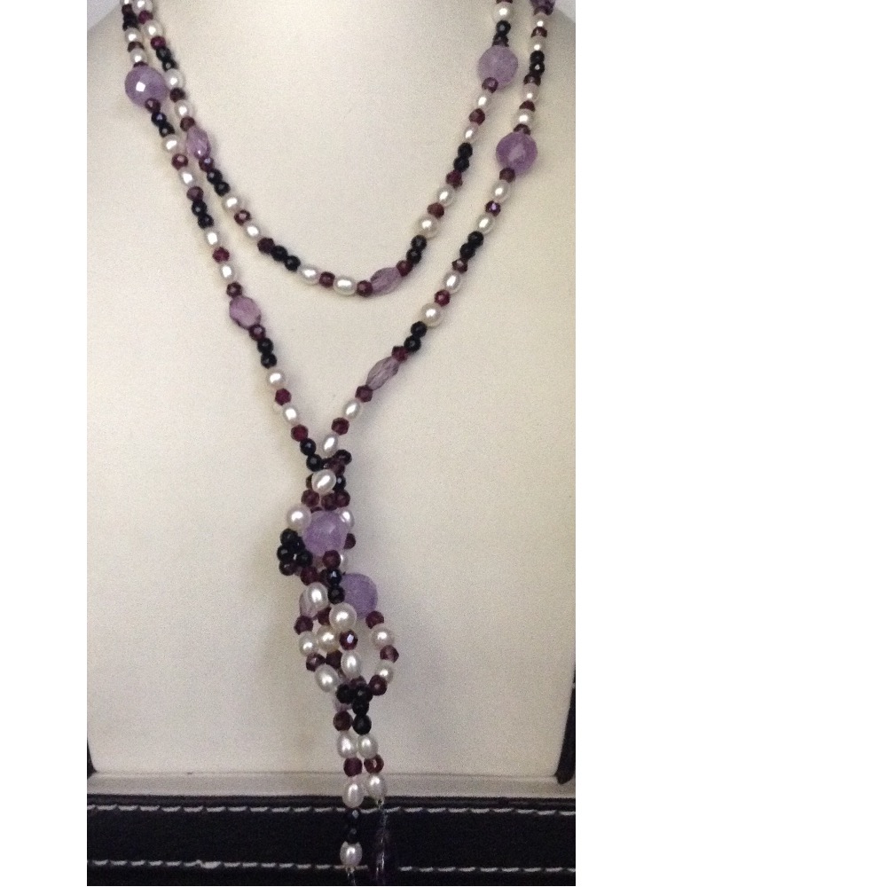 White Oval Pearls With Faceted Amethyst Beeds Long Mala JPM0166
