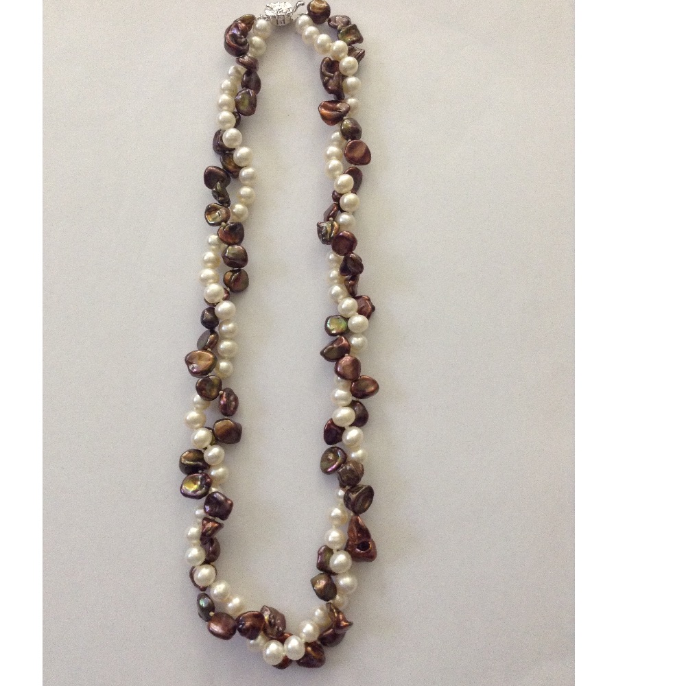 White Round And Brown Baroque Pearls 2 Layers Necklace JPM0139