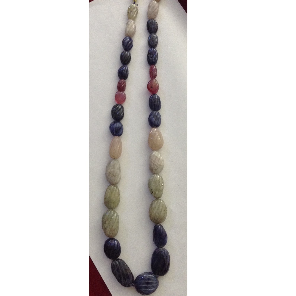 Natural Multicolour Sapphires Oval Carved Beeds Mala JSB0107