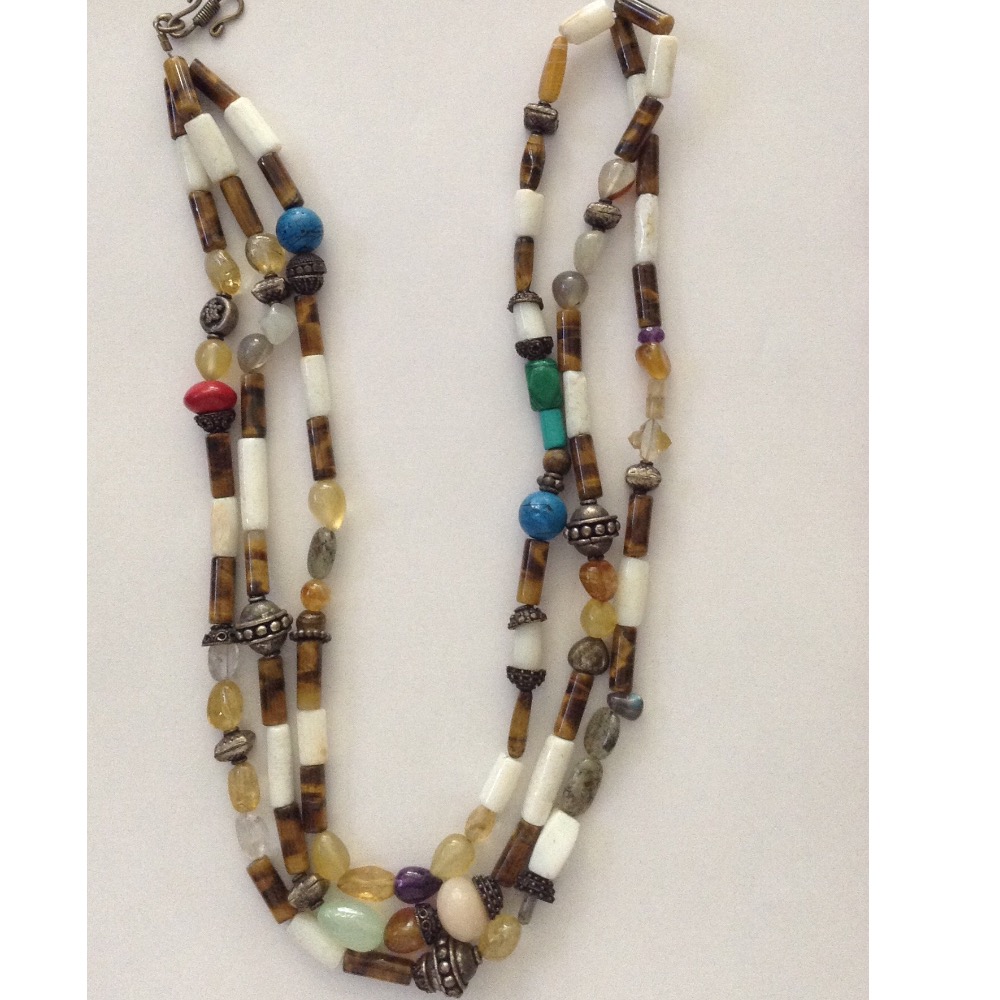 Natural Tigerstone Drums 3 Layers Necklace With Silver Balls JSS0014