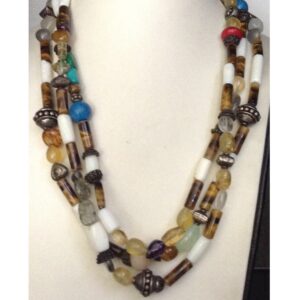 Natural Tigerstone Drums 3 Layers Necklace With Silver Balls JSS0014